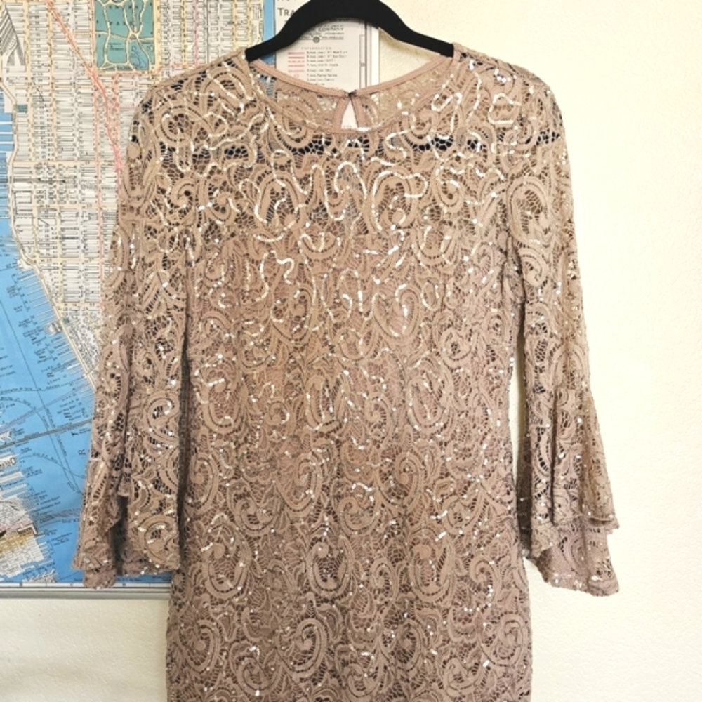 3 for $30! SALE Marina Lace Sequined Illusion Blush Sheath Bell Sleeve Dress - Picture 6 of 13